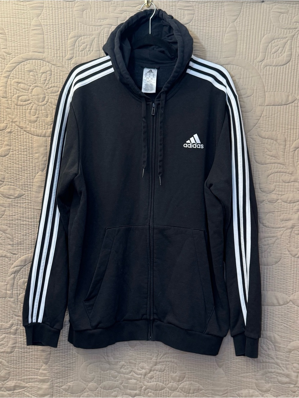 Adidas Essentials Full-Zip Black Hoodie with White Three-Stripes